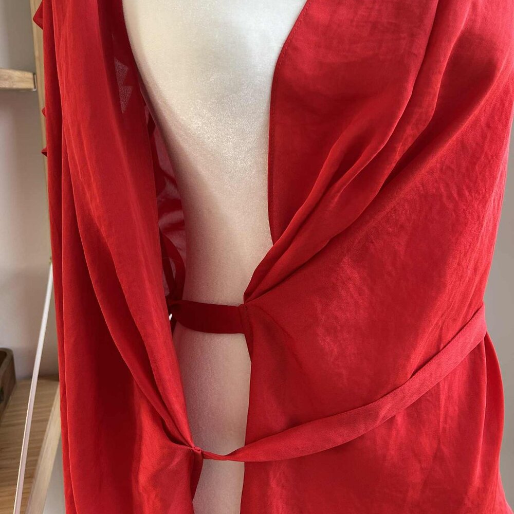 Armani Exchange Poppy Red Satin Side-Tie Wrap Blouse with Flutter Sleeves – US M - Picture 7 of 11
